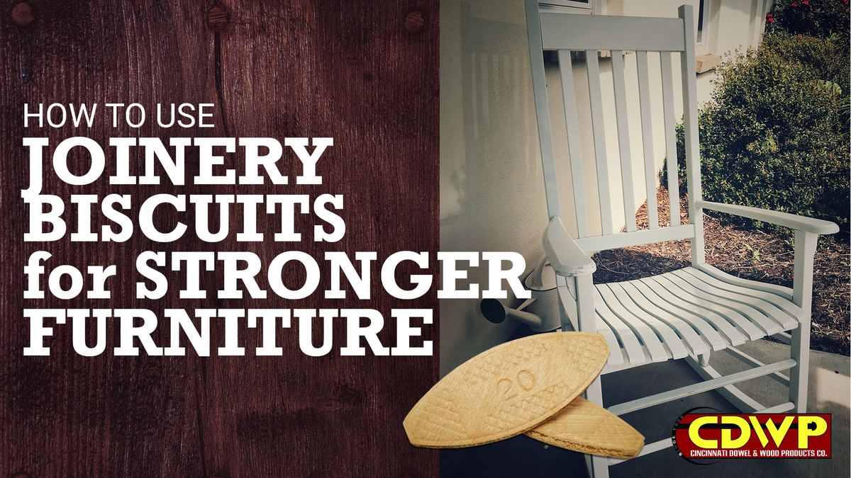 A rocking chair on a porch. The text reads, "How to Use Joinery Biscuits for Stronger Furniture"